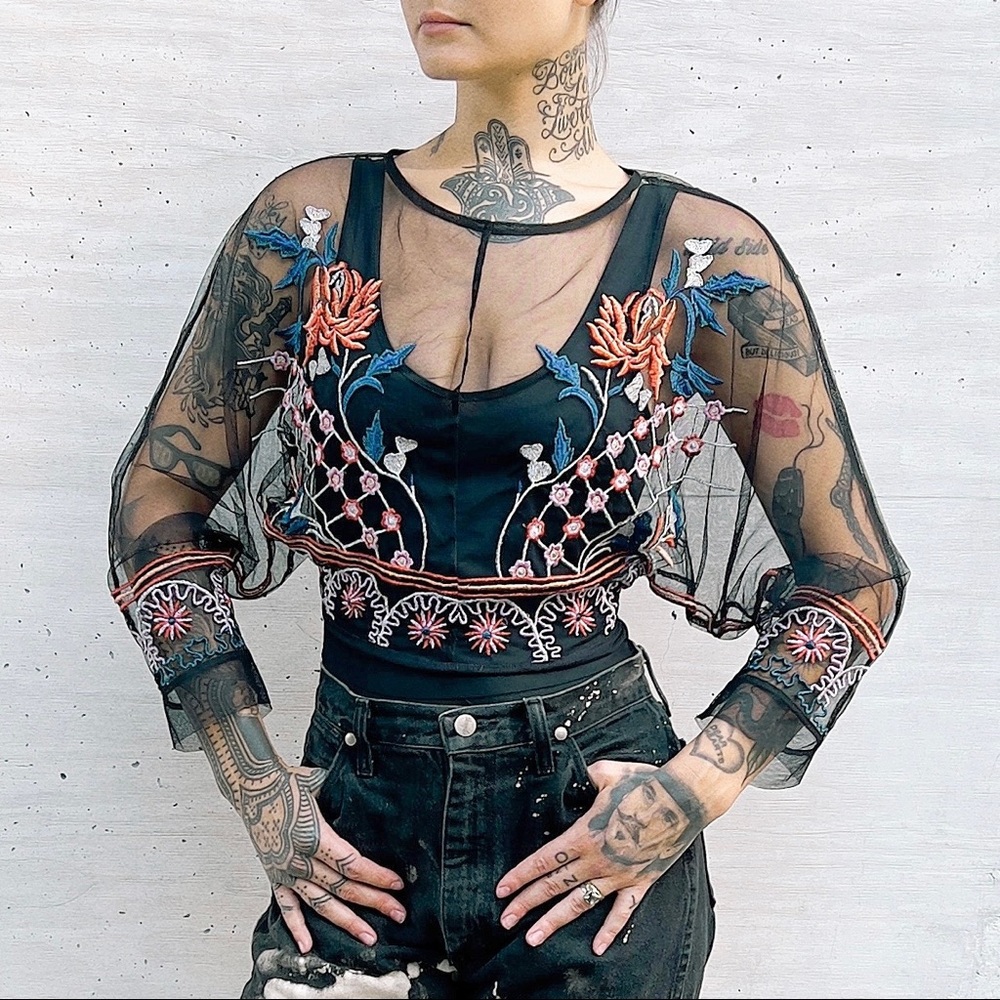 COPY - Signature 8 Mesh Floral Embroidery Multi Colored Threads Tie Up Crop Top